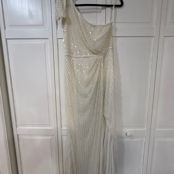 NWT | Mac Duggal 93735 White Pearl Soft Tie One Shoulder Gown Size 10 - Picture 5 of 14